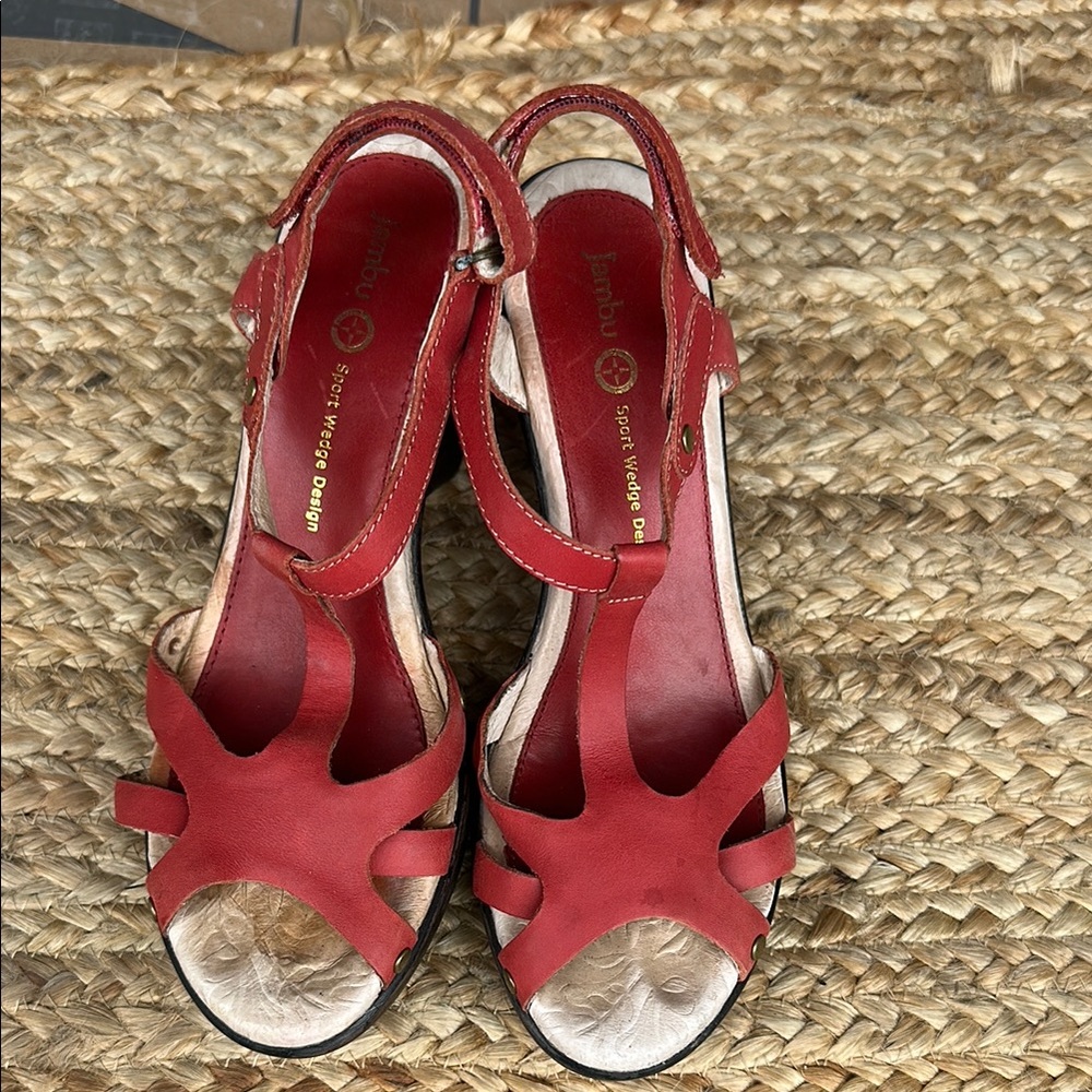 Jambu Red Sandals with Ankle Straps and Metallic Accents